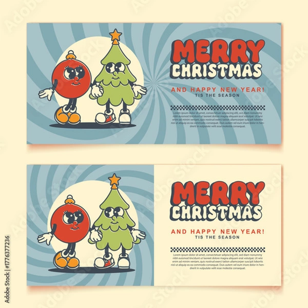 Obraz Christmas retro mascot flyer with ornament and star-topped tree bright design for holiday promotions