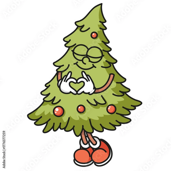 Fototapeta Fluffy Christmas tree mascot with colorful ornaments Bright retro vector design isolated on white background for festive decorations and holiday branding