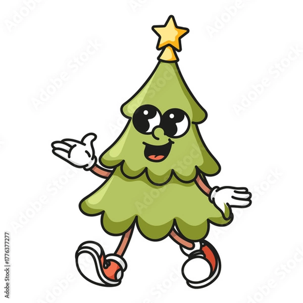 Fototapeta Christmas tree mascot with golden star topper Colorful retro vector design isolated on white background for holiday celebrations and festive branding