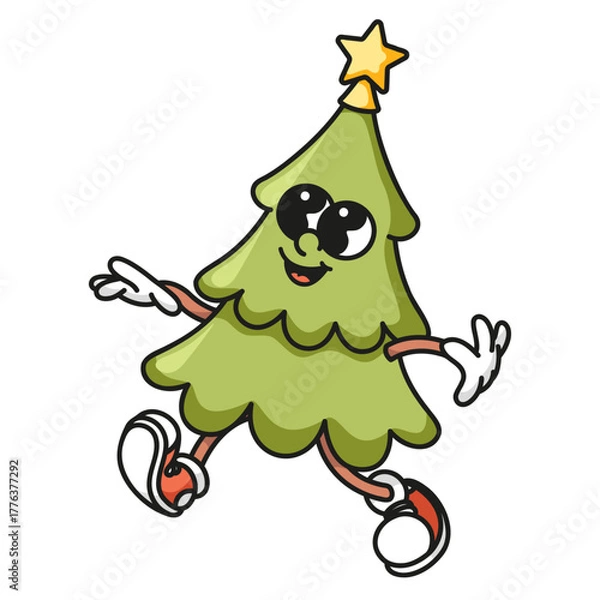 Fototapeta Christmas tree mascot with golden star topper Colorful retro vector design isolated on white background for holiday celebrations and festive branding