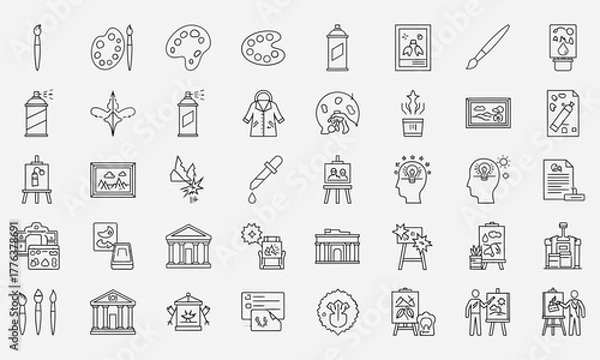 Fototapeta Vector icon set of art supplies, creative tools, and gallery symbols designed in a clean, minimalist line art style