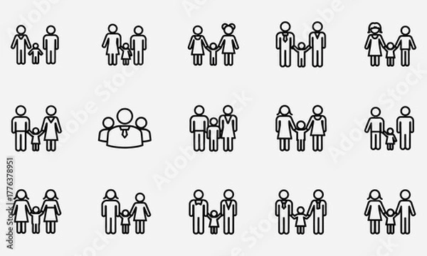 Fototapeta A collection of stylized family icons representing diverse family structures and relationships