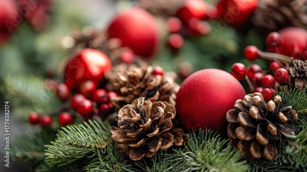 Fototapeta Festive holiday arrangement with pinecones, red ornaments, and green evergreen branches creating a seasonal and warm decorative display for Christmas celebrations