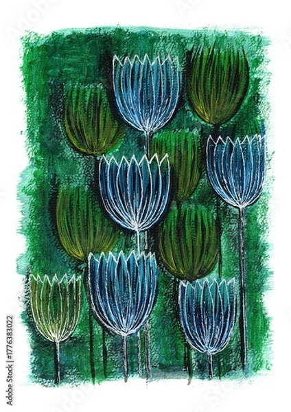 Obraz A stylized image of a field of flowers, executed in mixed media on a dense, textured background. The flowers are bud- or bulb-shaped and arranged in clusters. 