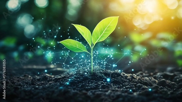 Fototapeta Tech plant growth illustrating fusion of nature and technology for promoting sustainable innovation