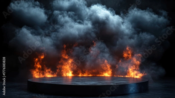 Obraz black podium with dramatic scene of fire and smoke rising
