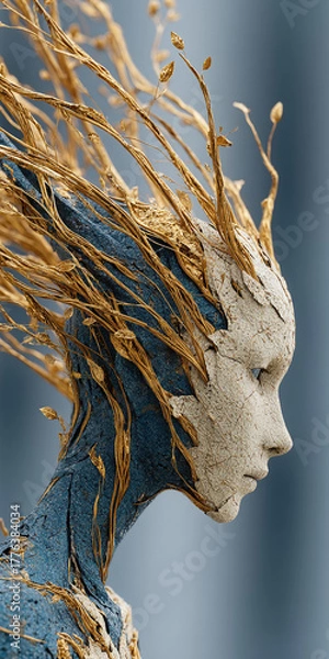 Obraz Ethereal golden-hued elemental being with striking white and blue skin texture, captured in a profile view against a soft blue background