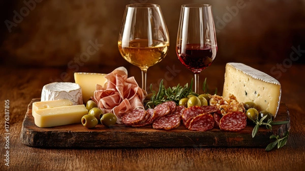 Fototapeta Prosciutto ham with parmesan, ciabatta and red wine