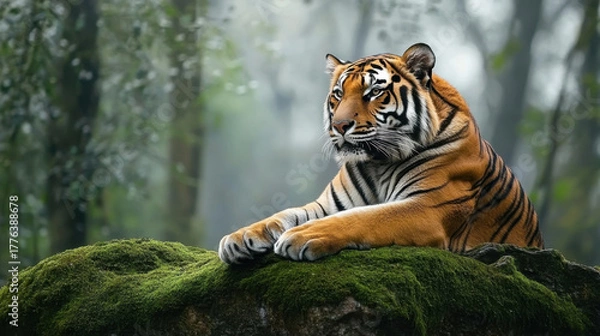 Obraz Tiger resting on mossy rock amid misty trees