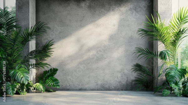 Fototapeta A vibrant green palm plant against a textured grey wall