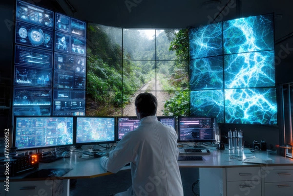 Fototapeta A scientist analyzes seismological data in a modern laboratory using advanced technology and digital screens.