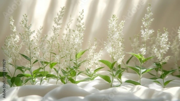 Fototapeta Serene floral arrangement white blossoms with green leaves against a soft, draped, and cream fabric backdrop