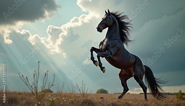 Fototapeta  Black horse rearing on dry field under cloudy sky