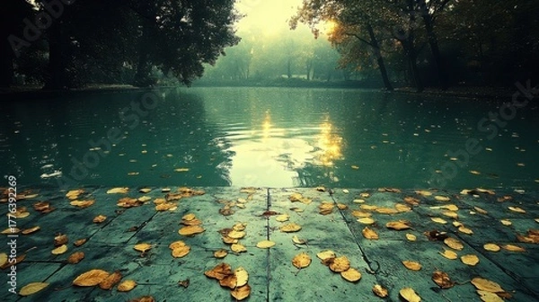 Fototapeta Tranquil autumn scene with a lake reflecting sunlight and fallen leaves on a weathered dock