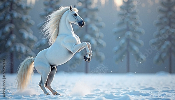 Fototapeta  White horse rearing in snowy forest