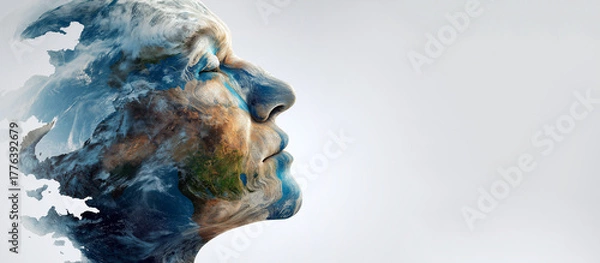 Fototapeta Artistic double exposure of human face and rotating planet Earth, concept of humanity and world unity