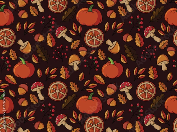 Fototapeta Autumn season seamless pattern background vector. Fall harvest wallpaper with maple leaf, mushroom, walnut, leaves branch, frame. Design for print, cover, fabric, packaging, wall art, home decor.
