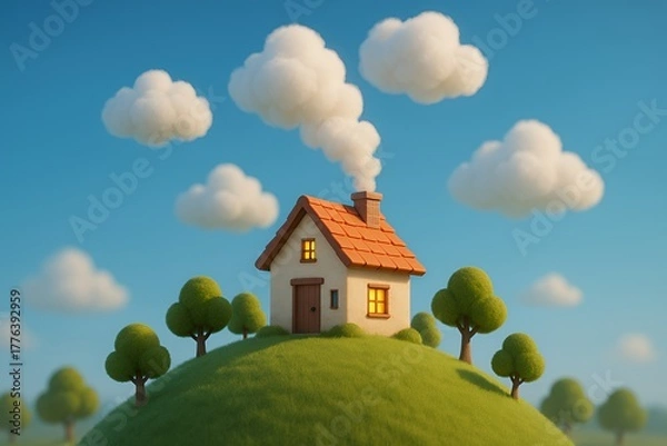 Obraz Charming cartoon house with smoking chimney sits atop a lush green hill under a bright blue sky with fluffy clouds and surrounding trees