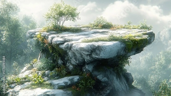 Obraz A picturesque rock formation covered in lush vegetation, a lone tree on top, shrouded in mist