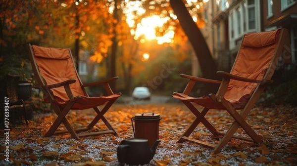 Fototapeta Two empty orange chairs in a yard, with a teapot, leaves, & setting sun in autumn