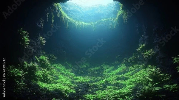 Obraz Lush, sunlit cavern with a natural skylight, verdant plants cascading down dark walls