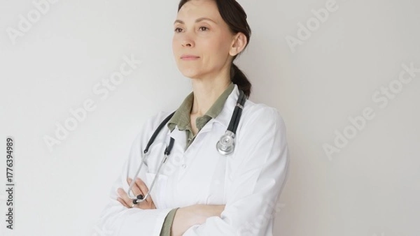 Fototapeta Headshot of a doctor woman medical professional in white lab coat, stethoscope draped, standing with crossed arms and displaying confident, authoritative healthcare demeanor. Medicine and health care