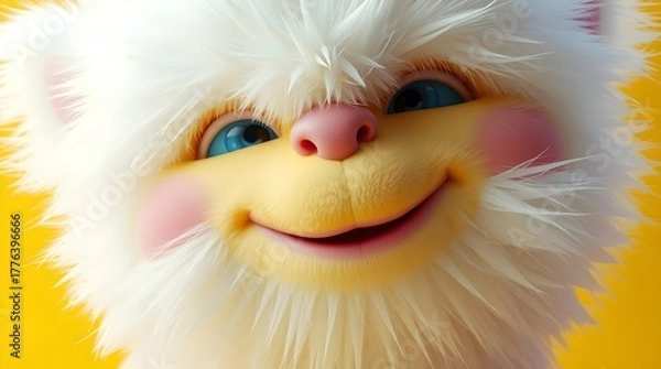 Fototapeta Cute Fluffy White Cartoon Creature with Bright Blue Eyes and Rosy Cheeks, Smiling Adorably Against Vibrant Yellow Background, Whimsical CGI Character with Playful and Joyful Expression.