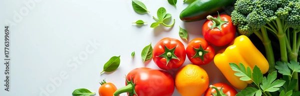 Obraz flat lay vibrant arrangement featuring assortment fresh vegetables paired crisp white notes minimalist
