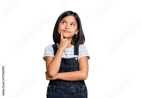 Fototapeta Adorable thoughtful young girl looking up, deep in thought with finger on chin, wearing denim overalls and a striped t-shirt, isolated on transparent background.