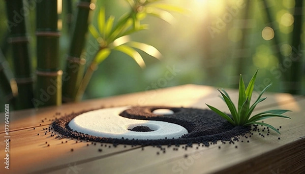 Fototapeta  Yin yang sand pattern with bamboo and plant in sunlight.