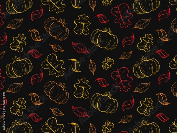 Fototapeta Pumpkin silhouette on black background seamless pattern. Autumn pumpkin background. Falling print harvest vegetables for paper, packaging, design, vector graphics
