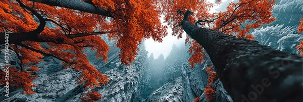 Fototapeta Fiery Canopy A Forest's Autumnal Embrace Viewed From Below