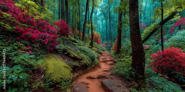 Fototapeta A vibrant pathway winds through a lush forest teeming with blooming pink and red azaleas, evoking a sense of serene natural beauty