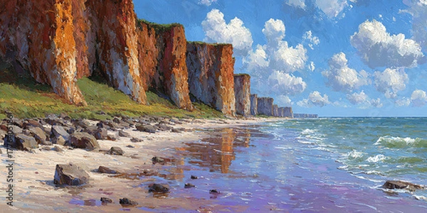 Fototapeta Scenic Coastal Landscape with Red Cliffs, Beach, and Ocean under a Sunny, Cloudy Sky in Summer