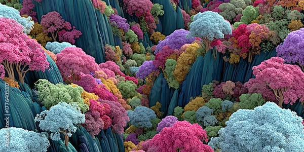 Obraz Colorful Forest Panorama An Artistic View of Fantasy Trees on Mountain Slopes