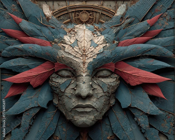Fototapeta Intricate Stone Face Adorned with Ornamental Feathers and Detailed Carvings Depicting a Serene Expression