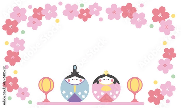 Obraz まるくてかわいいひな人形と花のひなまつりフレーム