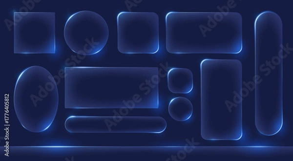 Fototapeta Liquid transparent glass frames set with glowing edges. Geometric forms collection - rectangle, circle, oval, square shapes with radiant borders. Vector illustration.