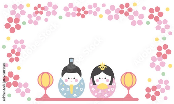 Obraz だるま型のかわいいひな人形と花のひなまつりフレーム