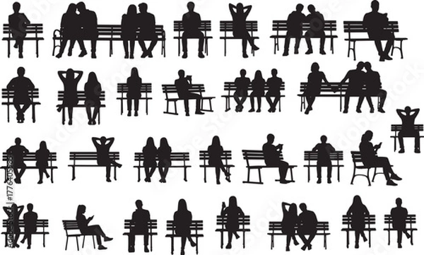 Fototapeta Silhouette vector set of people sitting on park benches isolated on transparent background.