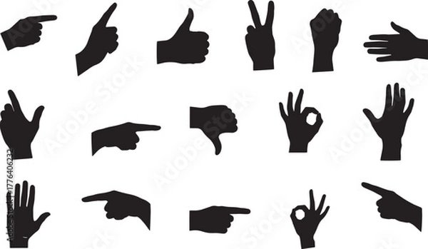 Fototapeta Silhouette vector set of black hand gestures and signs isolated on transparent background.