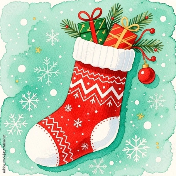 Fototapeta Festive watercolor christmas stocking with pattern, filled with gifts and pine sprigs, set against a snowy background.