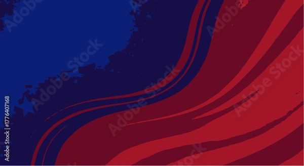 Obraz Abstract vector background featuring deep red flowing waves and lines on the right, contrasting with a dark blue upper-left corner with grunge texture and subtle stars for a patriotic look.