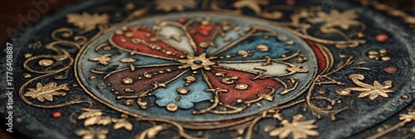 Fototapeta Ornate vintage decorative object close-up, showcasing intricate gold leaf patterns surrounding a vibrant segmented crest, reflecting historical craftsmanship and elegant design