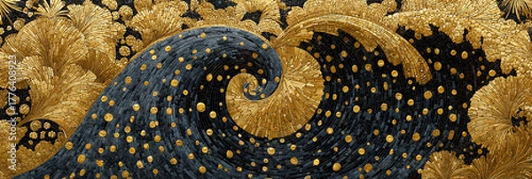 Fototapeta Stylized deep blue wave, adorned with shimmering golden dots, gracefully cresting amidst rich, swirling golden patterns, creating an opulent and harmonious visual