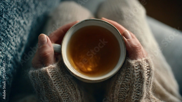Obraz close up of woman in a cosy warm sweater holding a cup of coffee with latte art flat lay with copy space