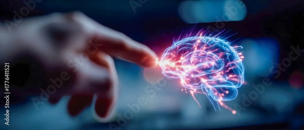 Fototapeta A hand reaching toward a glowing holographic brain, representing artificial intelligence, innovation, and deep learning