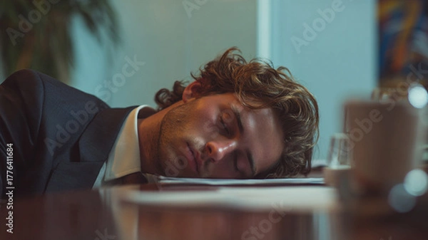 Obraz A man in business attire is sleeping or resting in a chair with his arms crossed in a professional office setting.