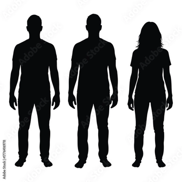 Fototapeta Silhouettes of two men and one woman, full body, standing in neutral poses, representing human identity, diversity, and a group. isolated on a clean background.