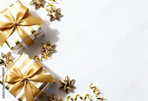 Fototapeta Luxury Celebration Composition with Golden Presents on White Background